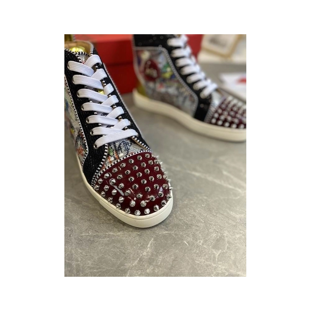 Replica Christian Louboutin Lou Spikes High-top Sneakers Graffiti Sequin And Leather Multicolor