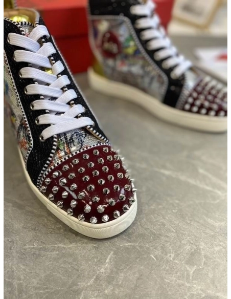 Replica Christian Louboutin Lou Spikes High-top Sneakers Graffiti Sequin And Leather Multicolor