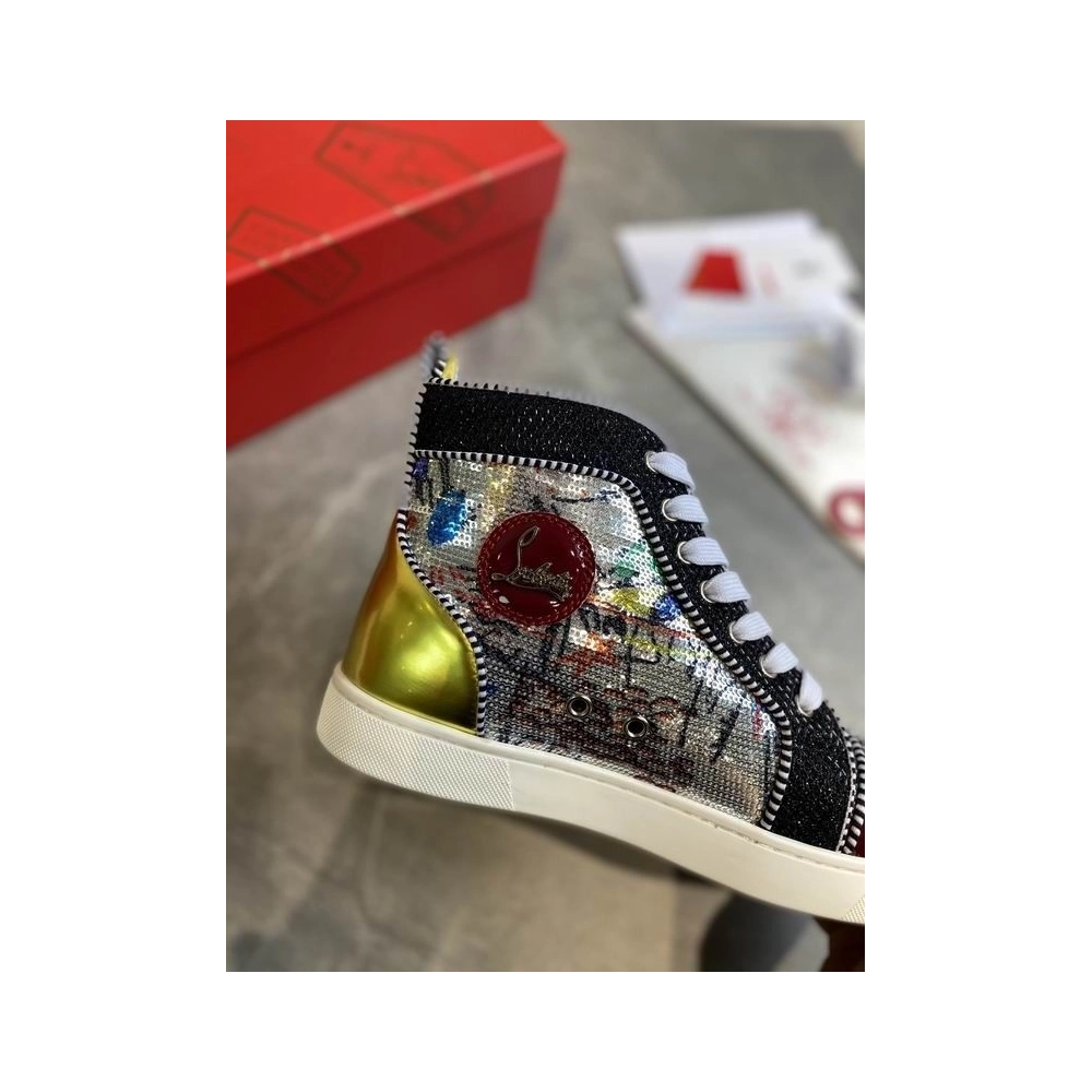 Replica Christian Louboutin Lou Spikes High-top Sneakers Graffiti Sequin And Leather Multicolor