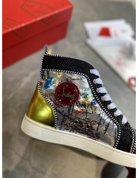Replica Christian Louboutin Lou Spikes High-top Sneakers Graffiti Sequin And Leather Multicolor
