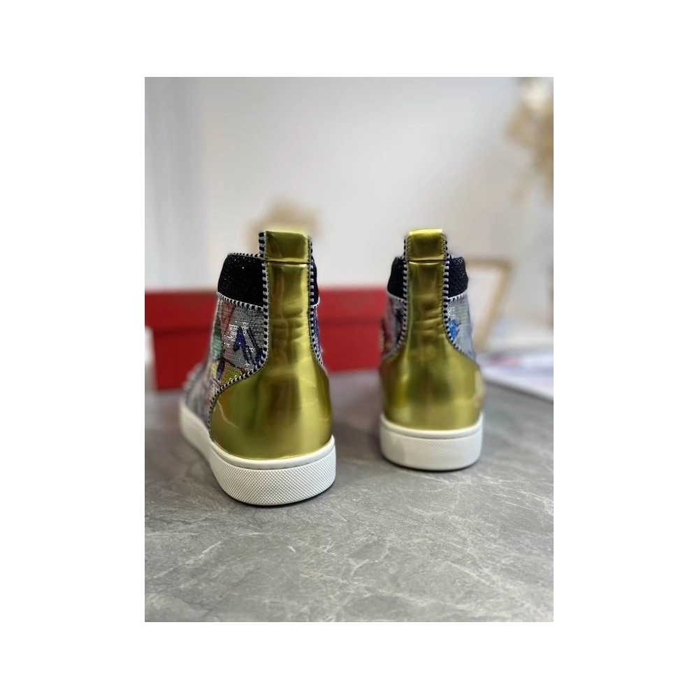 Replica Christian Louboutin Lou Spikes High-top Sneakers Graffiti Sequin And Leather Multicolor