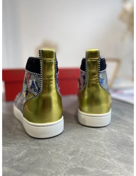 Replica Christian Louboutin Lou Spikes High-top Sneakers Graffiti Sequin And Leather Multicolor