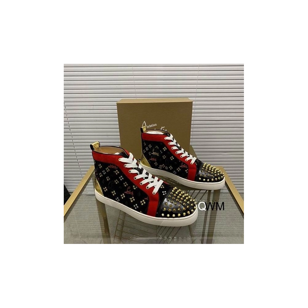 Replica Christian Louboutin Lou Spikes High Top Sneakers Suede and Leather Black