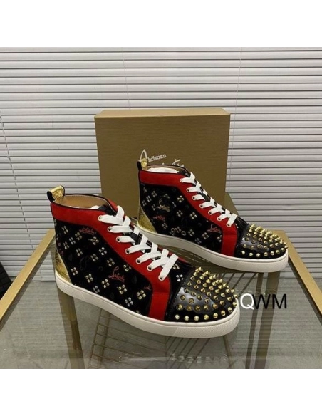 Replica Christian Louboutin Lou Spikes High Top Sneakers Suede and Leather Black