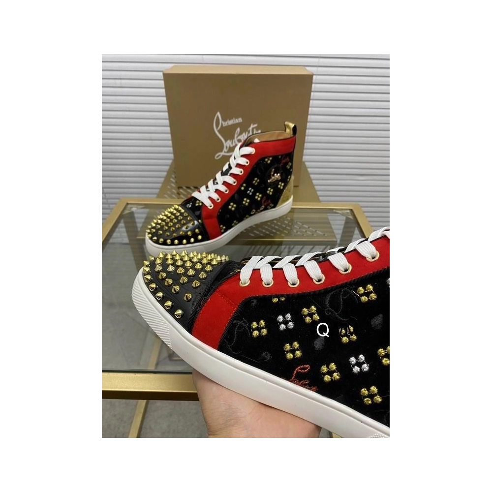 Replica Christian Louboutin Lou Spikes High Top Sneakers Suede and Leather Black