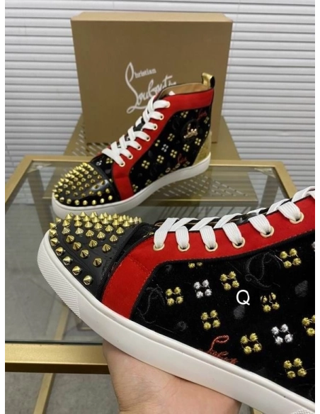 Replica Christian Louboutin Lou Spikes High Top Sneakers Suede and Leather Black