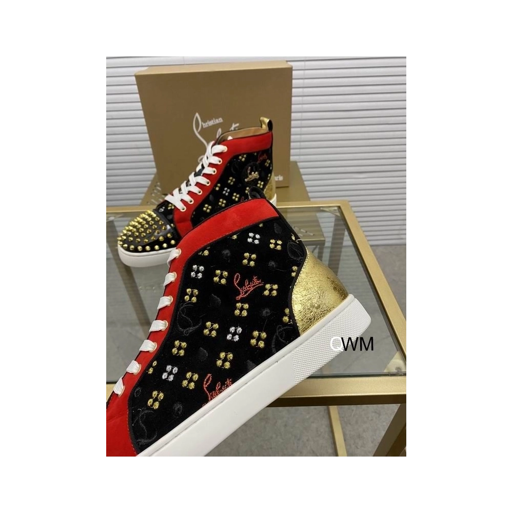Replica Christian Louboutin Lou Spikes High Top Sneakers Suede and Leather Black