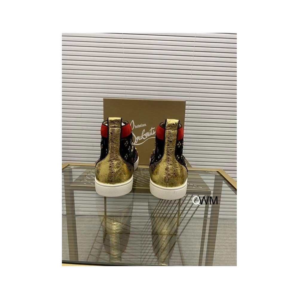 Replica Christian Louboutin Lou Spikes High Top Sneakers Suede and Leather Black