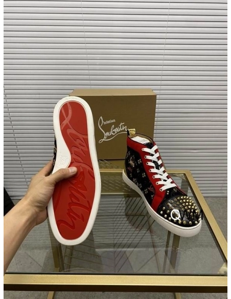 Replica Christian Louboutin Lou Spikes High Top Sneakers Suede and Leather Black