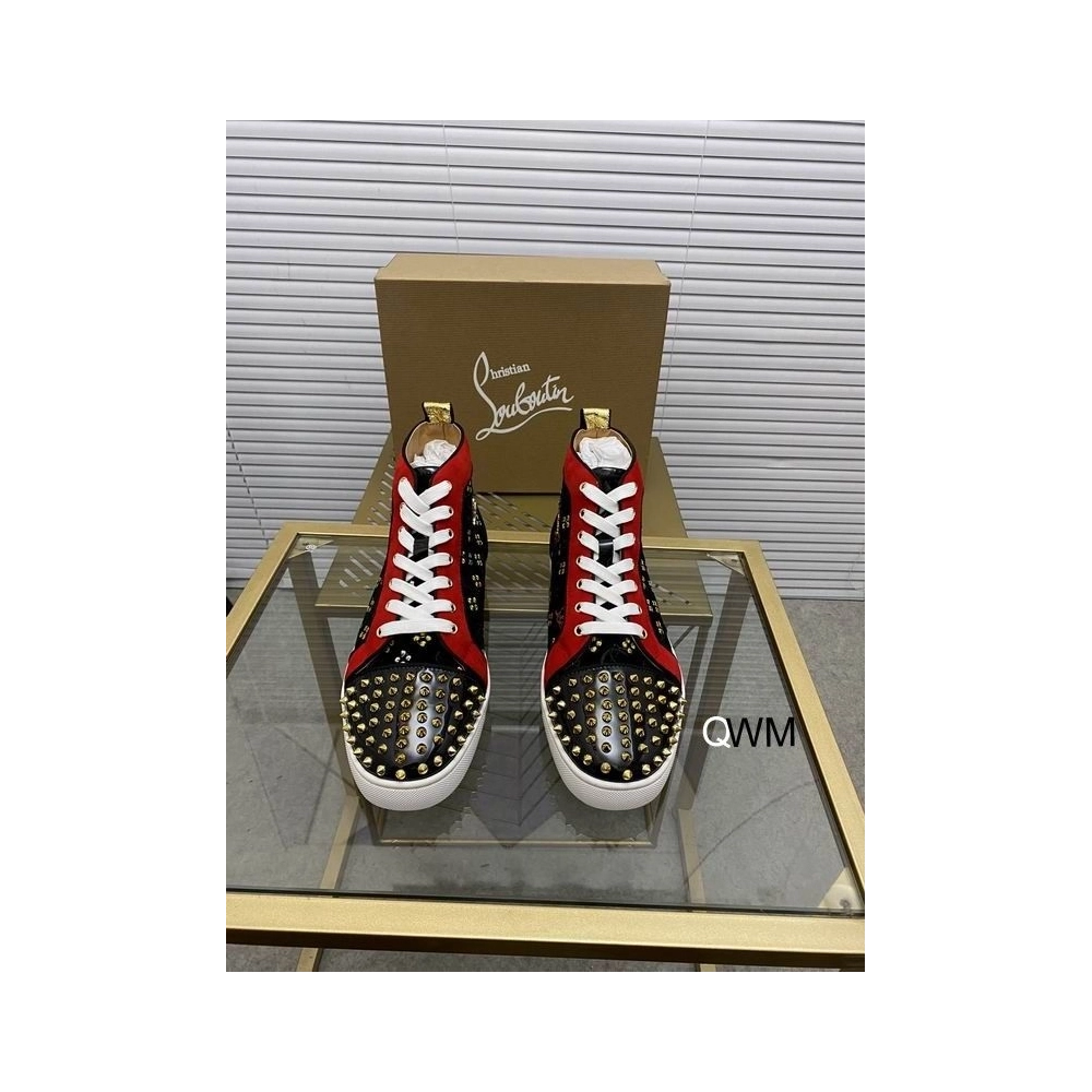 Replica Christian Louboutin Lou Spikes High Top Sneakers Suede and Leather Black