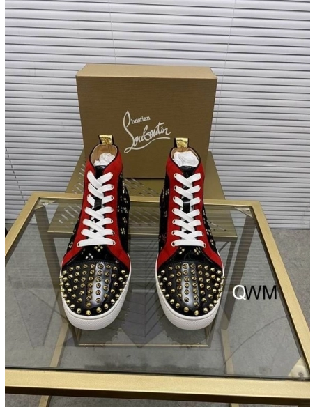 Replica Christian Louboutin Lou Spikes High Top Sneakers Suede and Leather Black