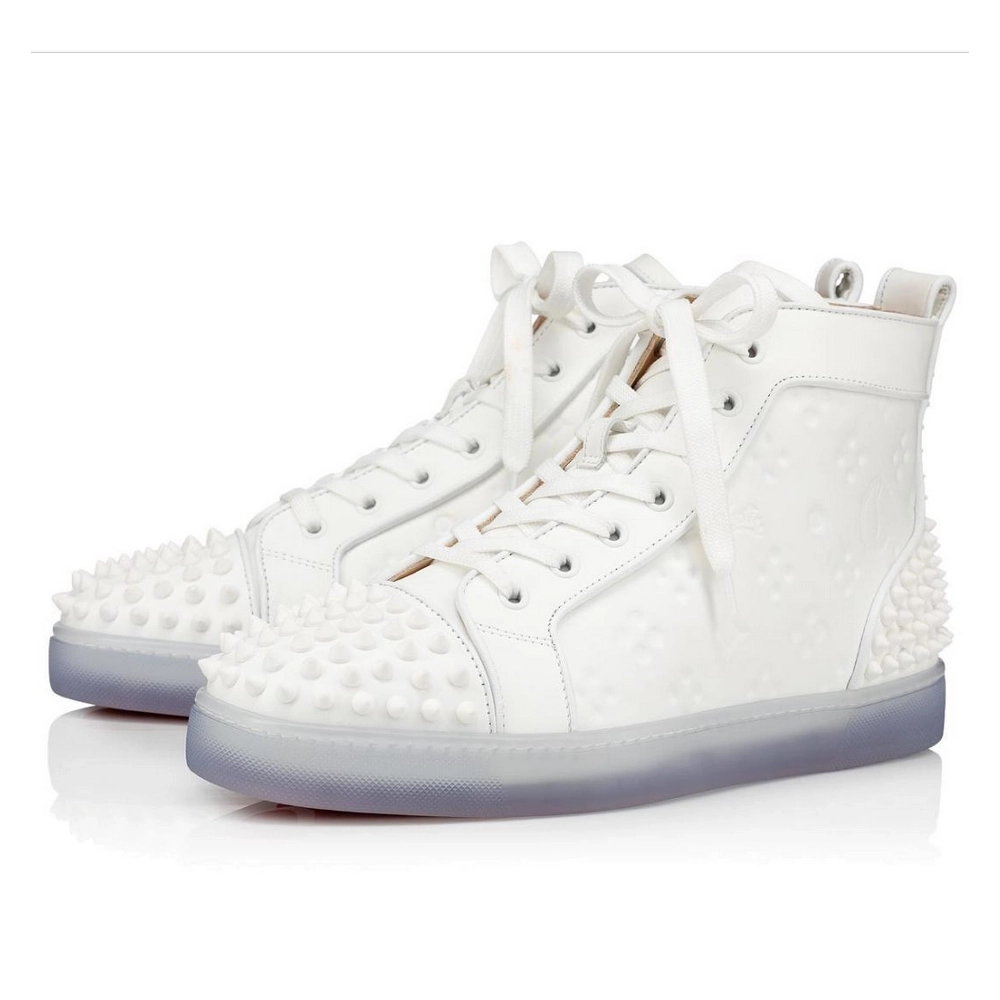 Cheap Christian Louboutin Lou Spikes 2 Sneaker High-Top Embossed Calfskin White, Discount CL Shoes Outlet Store