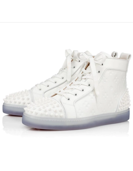 Cheap Christian Louboutin Lou Spikes 2 Sneaker High-Top Embossed Calfskin White, Discount CL Shoes Outlet Store