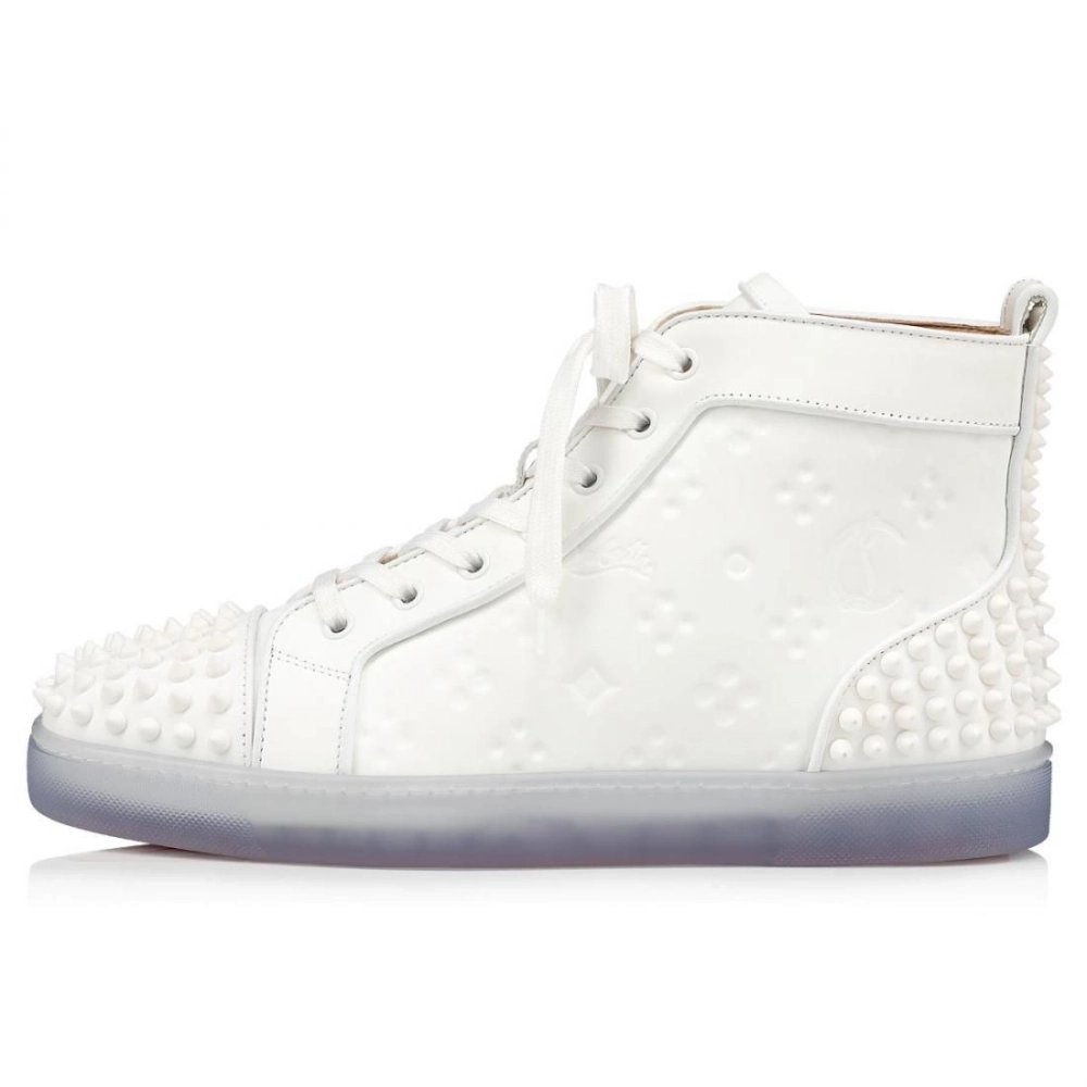 Cheap Christian Louboutin Lou Spikes 2 Sneaker High-Top Embossed Calfskin White, Discount CL Shoes Outlet Store