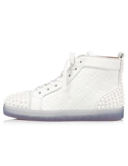Cheap Christian Louboutin Lou Spikes 2 Sneaker High-Top Embossed Calfskin White, Discount CL Shoes Outlet Store
