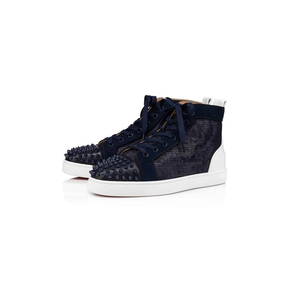cheap Christian Louboutin Lou Spikes Orlato Flat Vers Blu Argento/marine Mat Calf sale