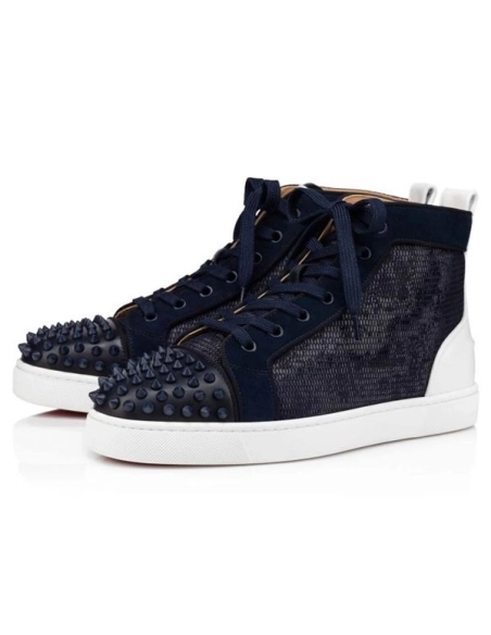 cheap Christian Louboutin Lou Spikes Orlato Flat Vers Blu Argento/marine Mat Calf sale