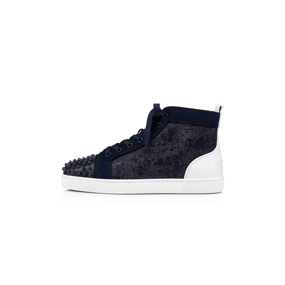 cheap Christian Louboutin Lou Spikes Orlato Flat Vers Blu Argento/marine Mat Calf sale