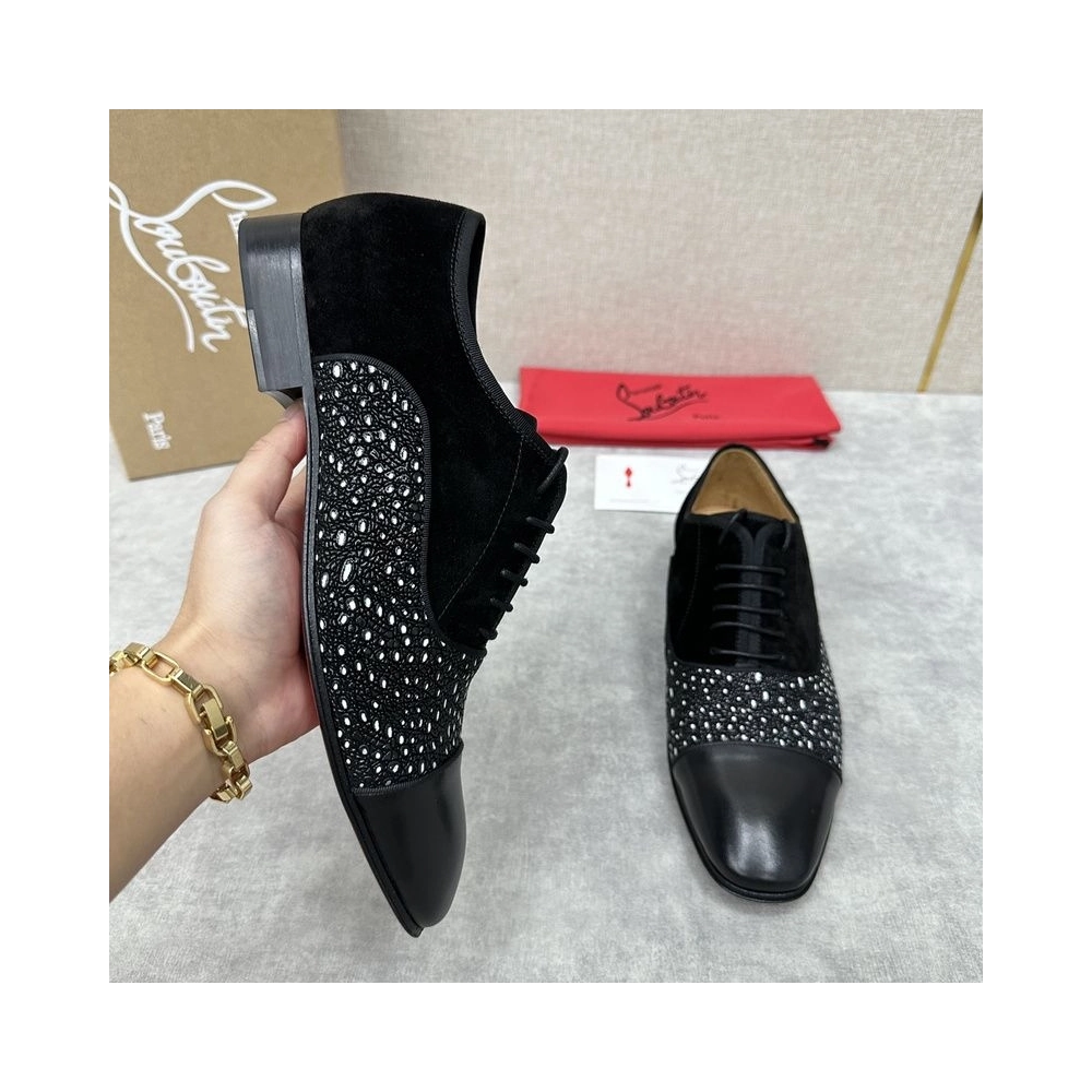 Replica Christian Louboutin Greggo Oxford Calf Leather Rhinestones and Velvet Black
