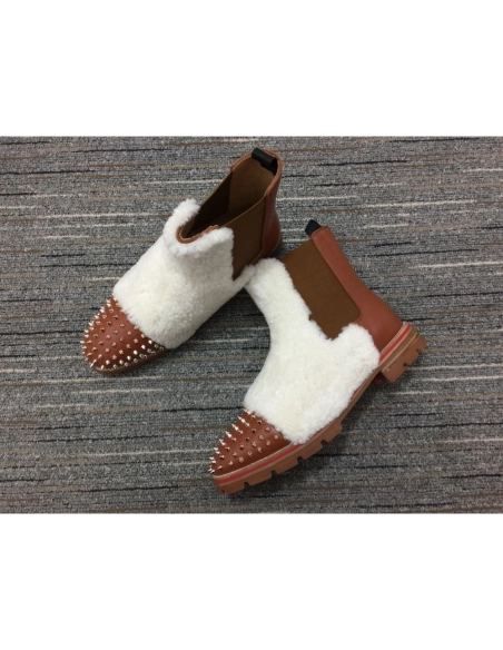 Fake Christian Louboutin Men Melon Spikes Boots Wool and Calf Leather Brown