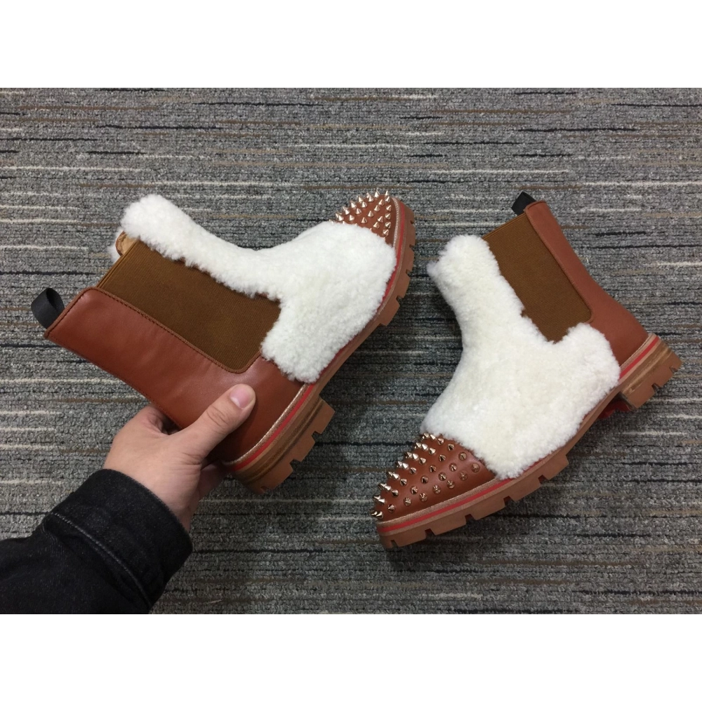 Fake Christian Louboutin Men Melon Spikes Boots Wool and Calf Leather Brown