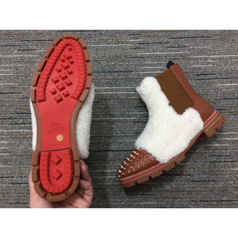 Fake Christian Louboutin Men Melon Spikes Boots Wool and Calf Leather Brown