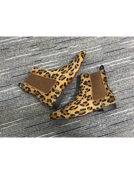 Discount Christian Louboutin Men Chelsea Boots Suede Leopard Outlet Online
