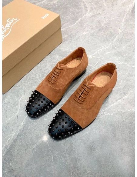 Discoun Christian Louboutin Gregossic Flat Oxford Spikes Calfskin and Suede Black Brown Outlet