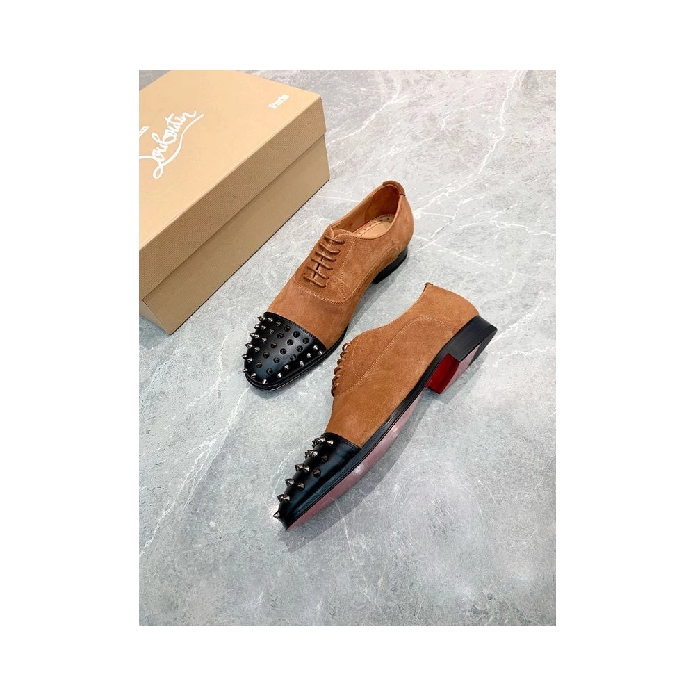 Discoun Christian Louboutin Gregossic Flat Oxford Spikes Calfskin and Suede Black Brown Outlet