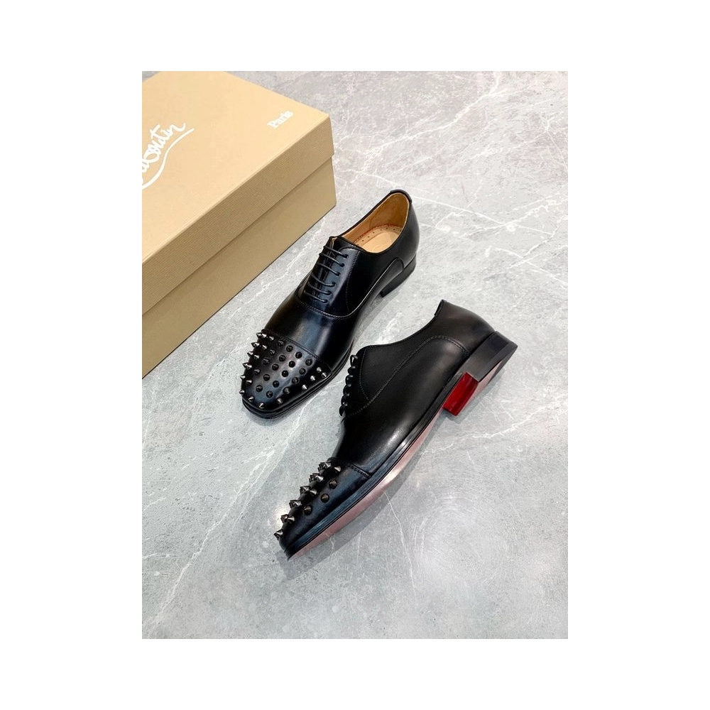 Cheap Christian Louboutin Gregossic Flat Oxford Spikes Calfskin Black on Sale