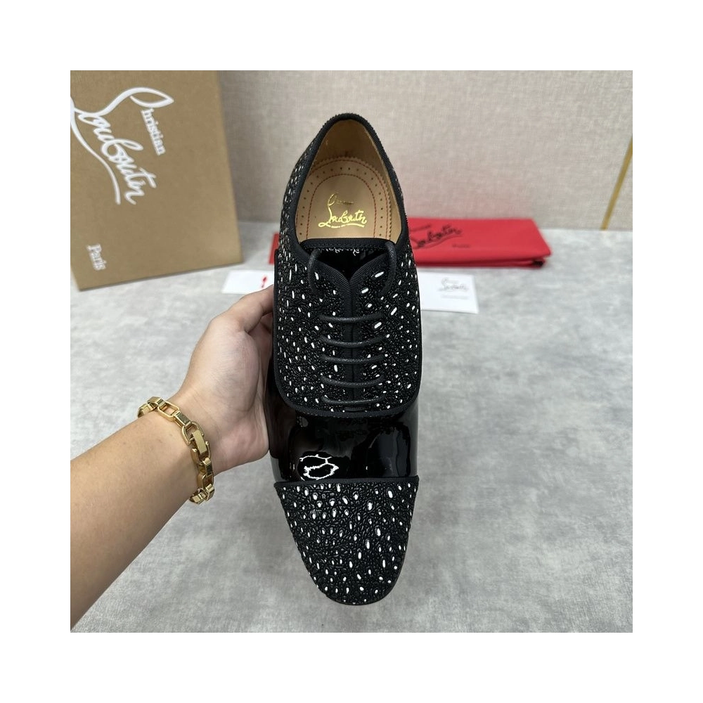 Cheap Christian Louboutin Greggo Oxford Patent Leather Rhinestones Black for Sale