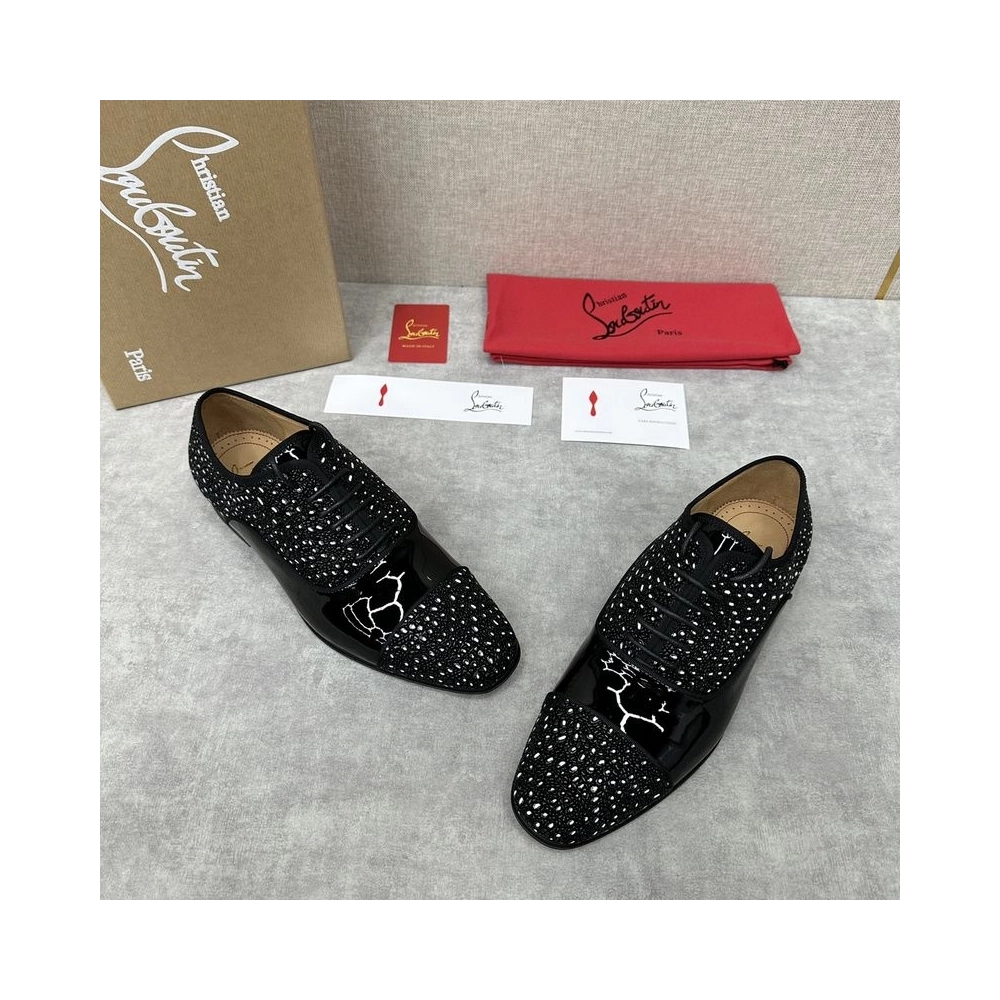 Cheap Christian Louboutin Greggo Oxford Patent Leather Rhinestones Black for Sale