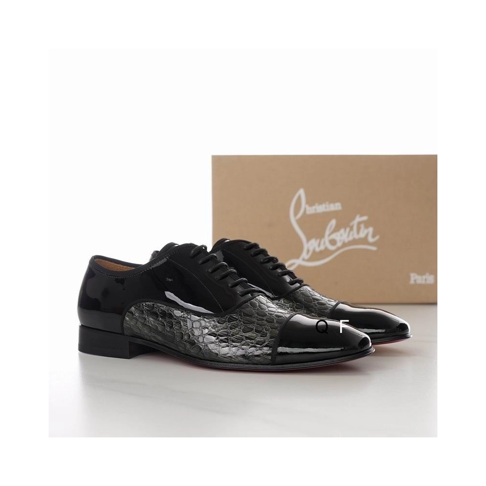 Knockoff Christian Louboutin Greggo Oxfords Crocodile Embossed Patent Leather Black Gray