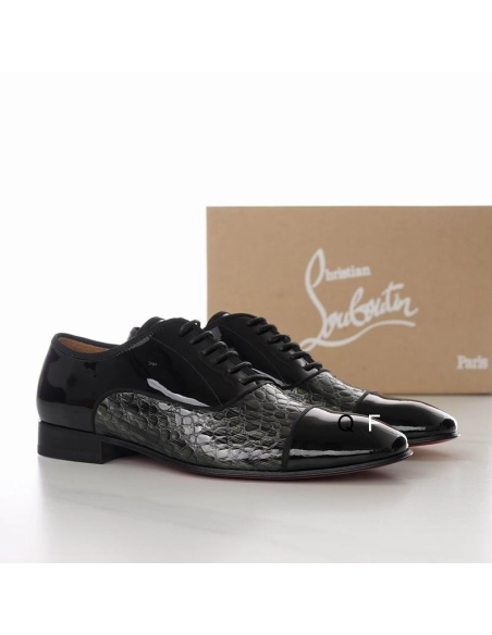 Knockoff Christian Louboutin Greggo Oxfords Crocodile Embossed Patent Leather Black Gray