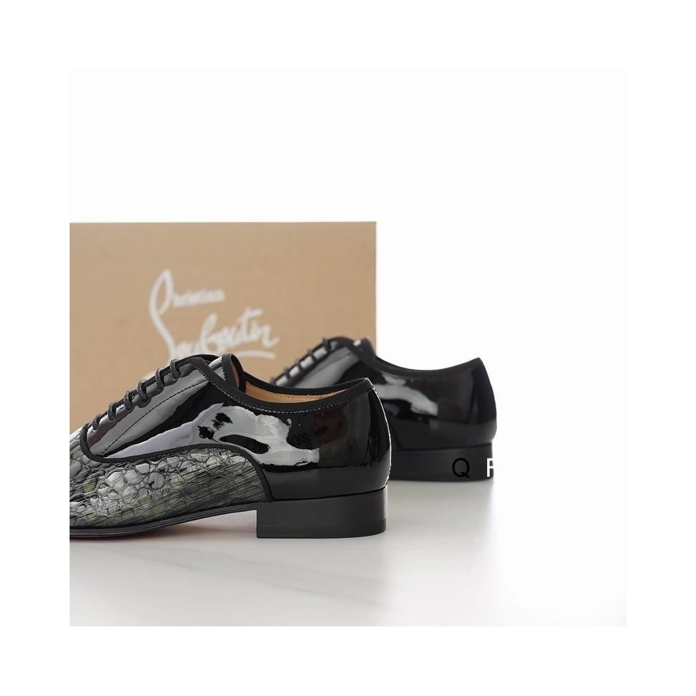 Knockoff Christian Louboutin Greggo Oxfords Crocodile Embossed Patent Leather Black Gray
