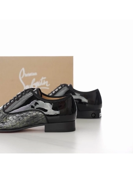 Knockoff Christian Louboutin Greggo Oxfords Crocodile Embossed Patent Leather Black Gray