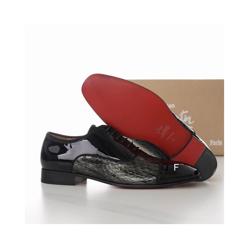 Knockoff Christian Louboutin Greggo Oxfords Crocodile Embossed Patent Leather Black Gray