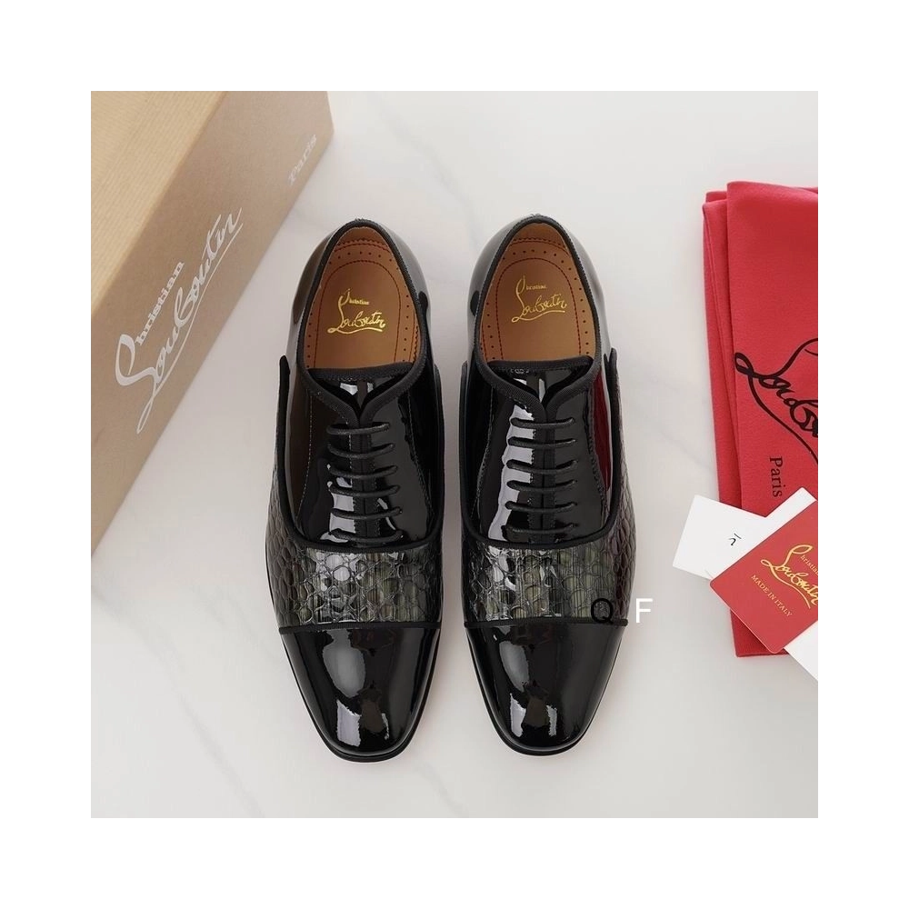 Knockoff Christian Louboutin Greggo Oxfords Crocodile Embossed Patent Leather Black Gray
