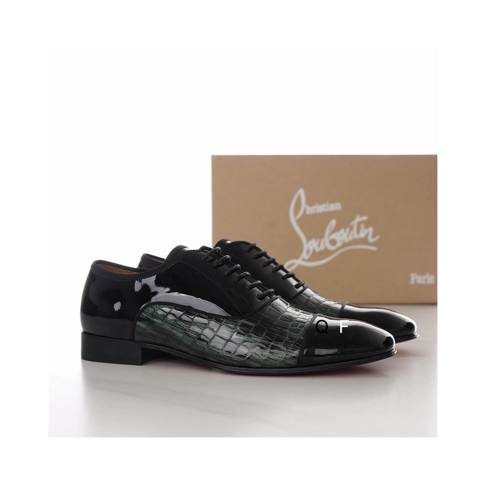 Knockoff Christian Louboutin Greggo Oxfords Crocodile Embossed Patent Leather Black Green