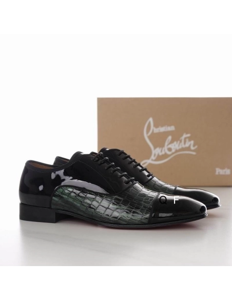 Knockoff Christian Louboutin Greggo Oxfords Crocodile Embossed Patent Leather Black Green