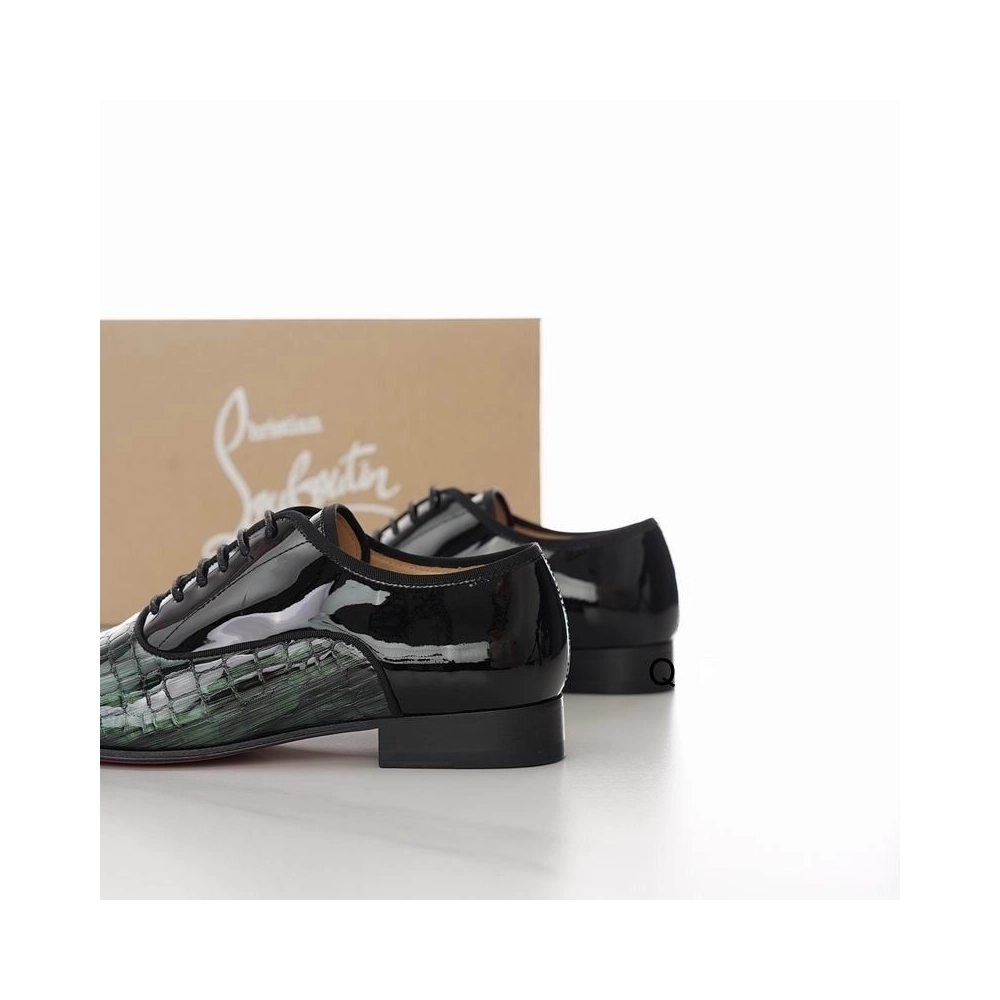 Knockoff Christian Louboutin Greggo Oxfords Crocodile Embossed Patent Leather Black Green