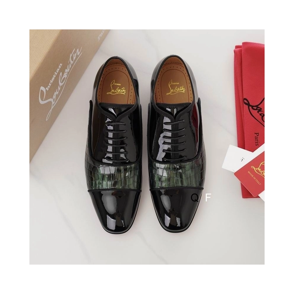 Knockoff Christian Louboutin Greggo Oxfords Crocodile Embossed Patent Leather Black Green