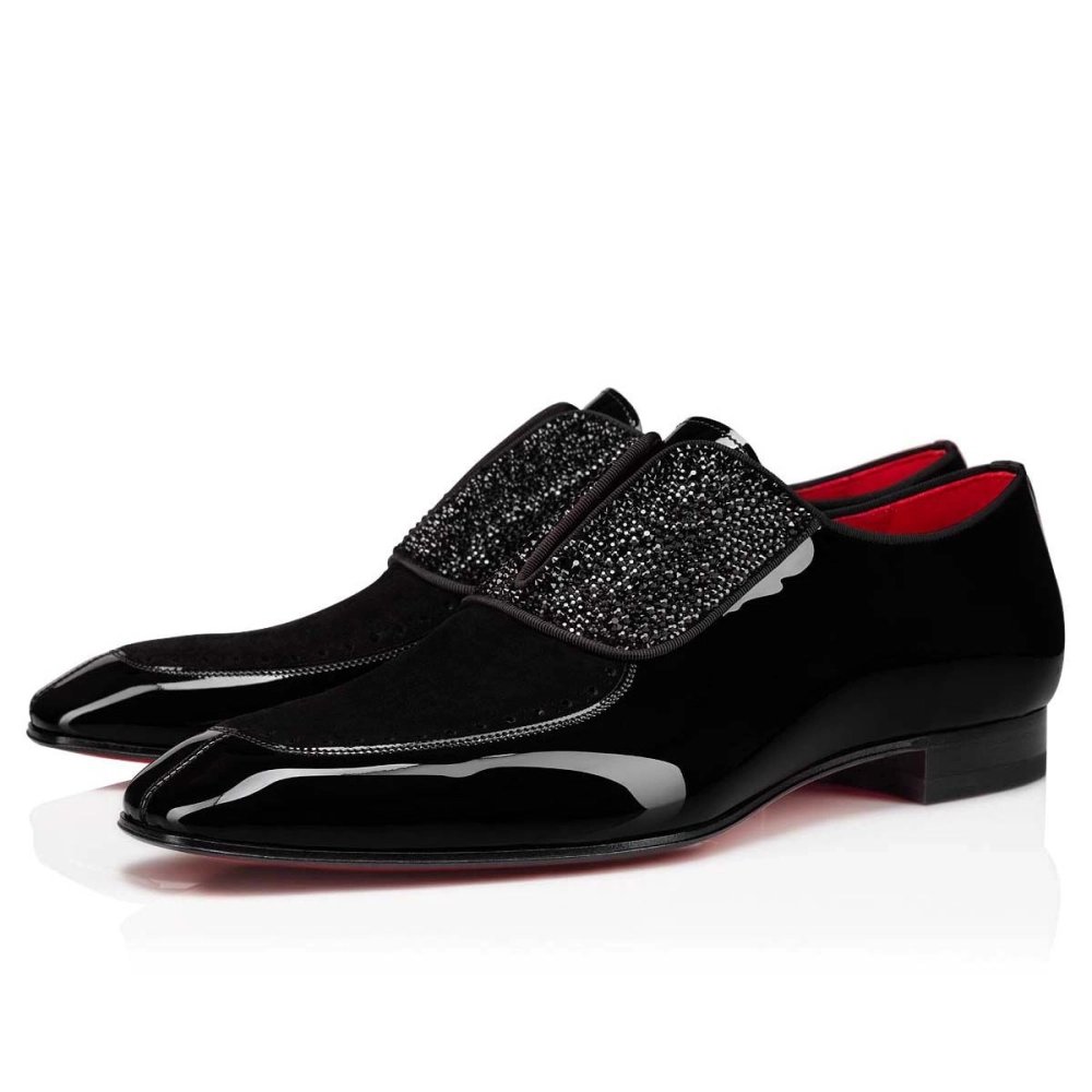 Fake Christian Louboutin Lafitte On Strass Oxford Patent Calf Leather Black, Replica CL Shoes