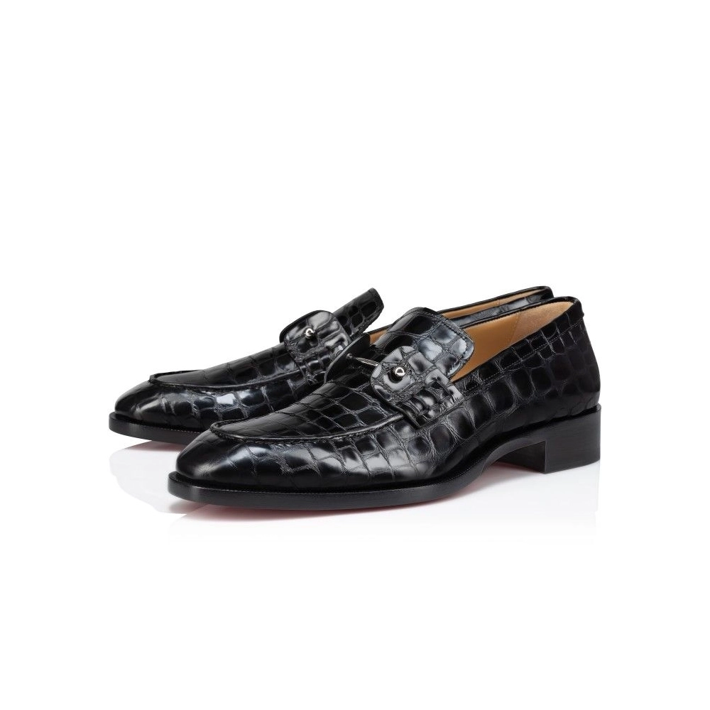 Discount Christian Louboutin Chambelimoc Loafers Alligator Embossed Calf Leather Black Outlet