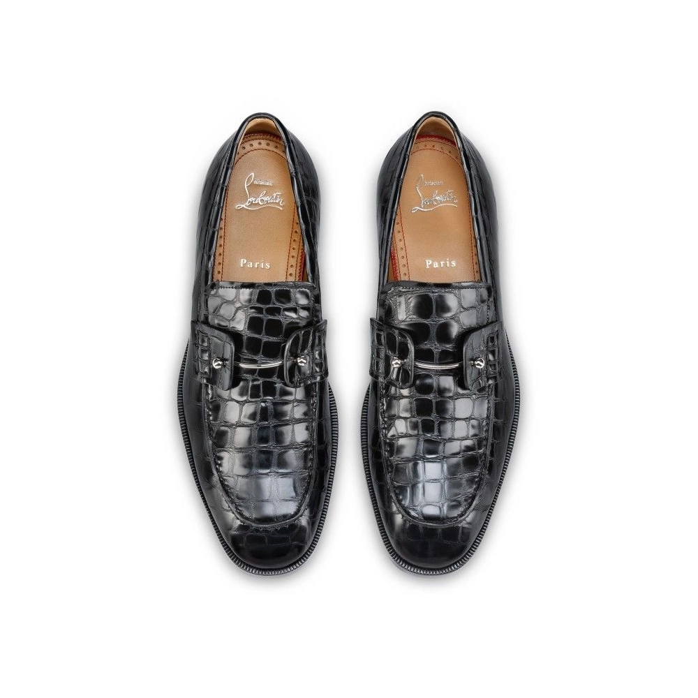 Discount Christian Louboutin Chambelimoc Loafers Alligator Embossed Calf Leather Black Outlet