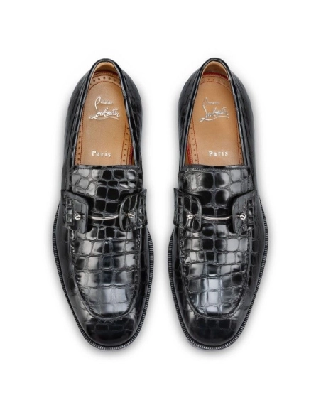 Discount Christian Louboutin Chambelimoc Loafers Alligator Embossed Calf Leather Black Outlet