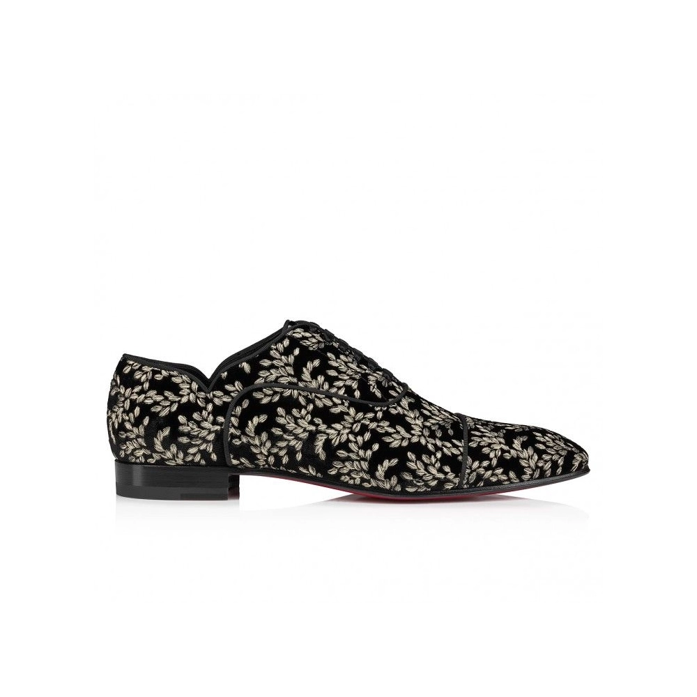 Replica Christian Louboutin Greggy Chick Oxfords Velvet Royal Embroidery Black, Fake CL Shoes