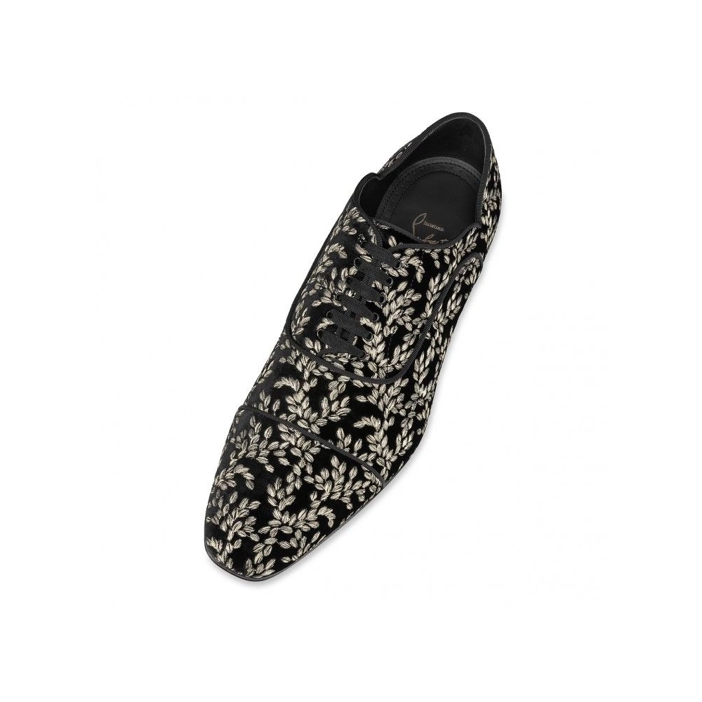 Replica Christian Louboutin Greggy Chick Oxfords Velvet Royal Embroidery Black, Fake CL Shoes