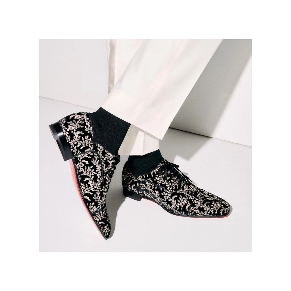 Replica Christian Louboutin Greggy Chick Oxfords Velvet Royal Embroidery Black, Fake CL Shoes