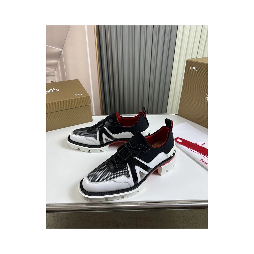 Fake Christian Louboutin Hybribri Flat Derby Shoes Calf Leather and Mesh White Black